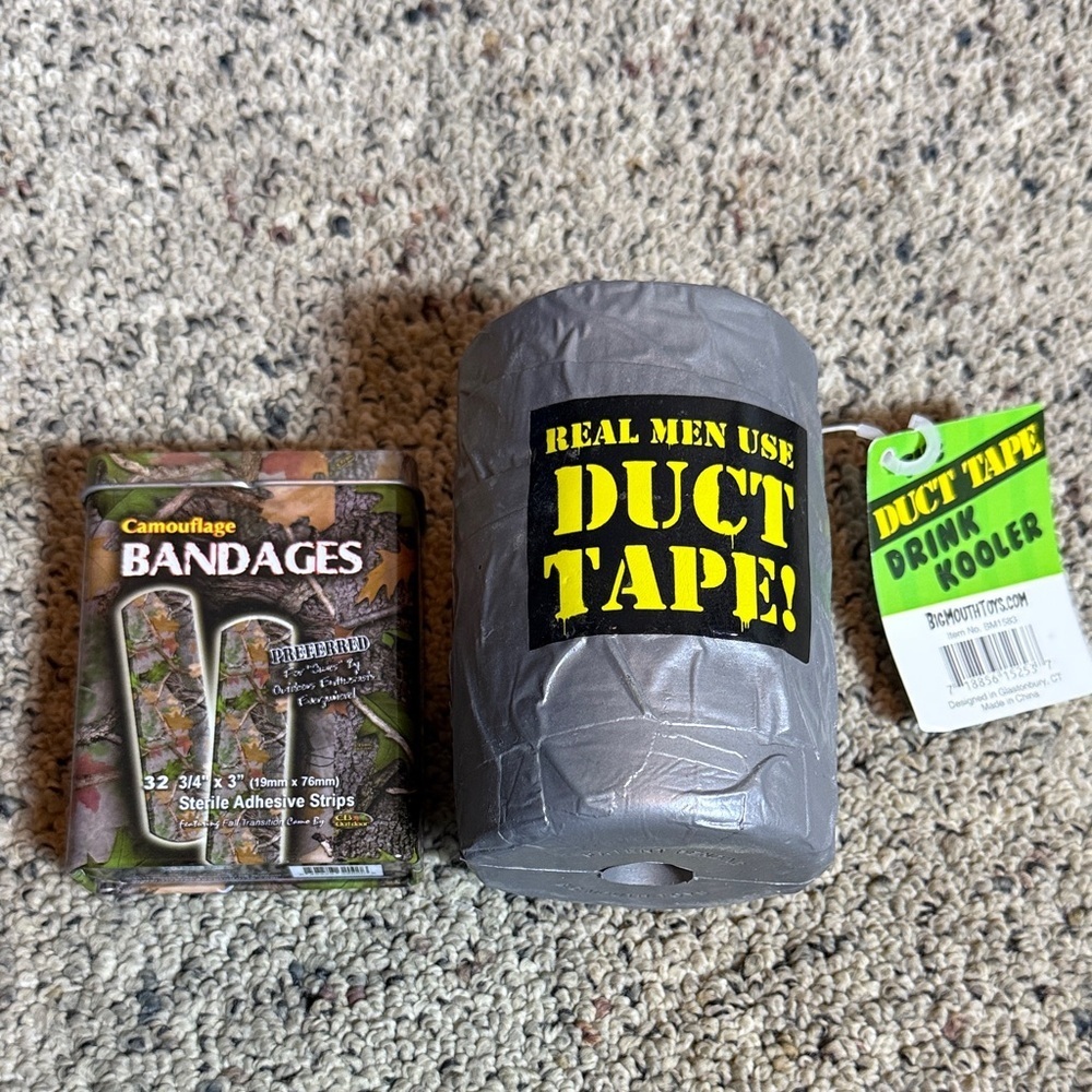 Gray Duct Tape Real Men Drink Cooler & Tin of Camouflage Bandages